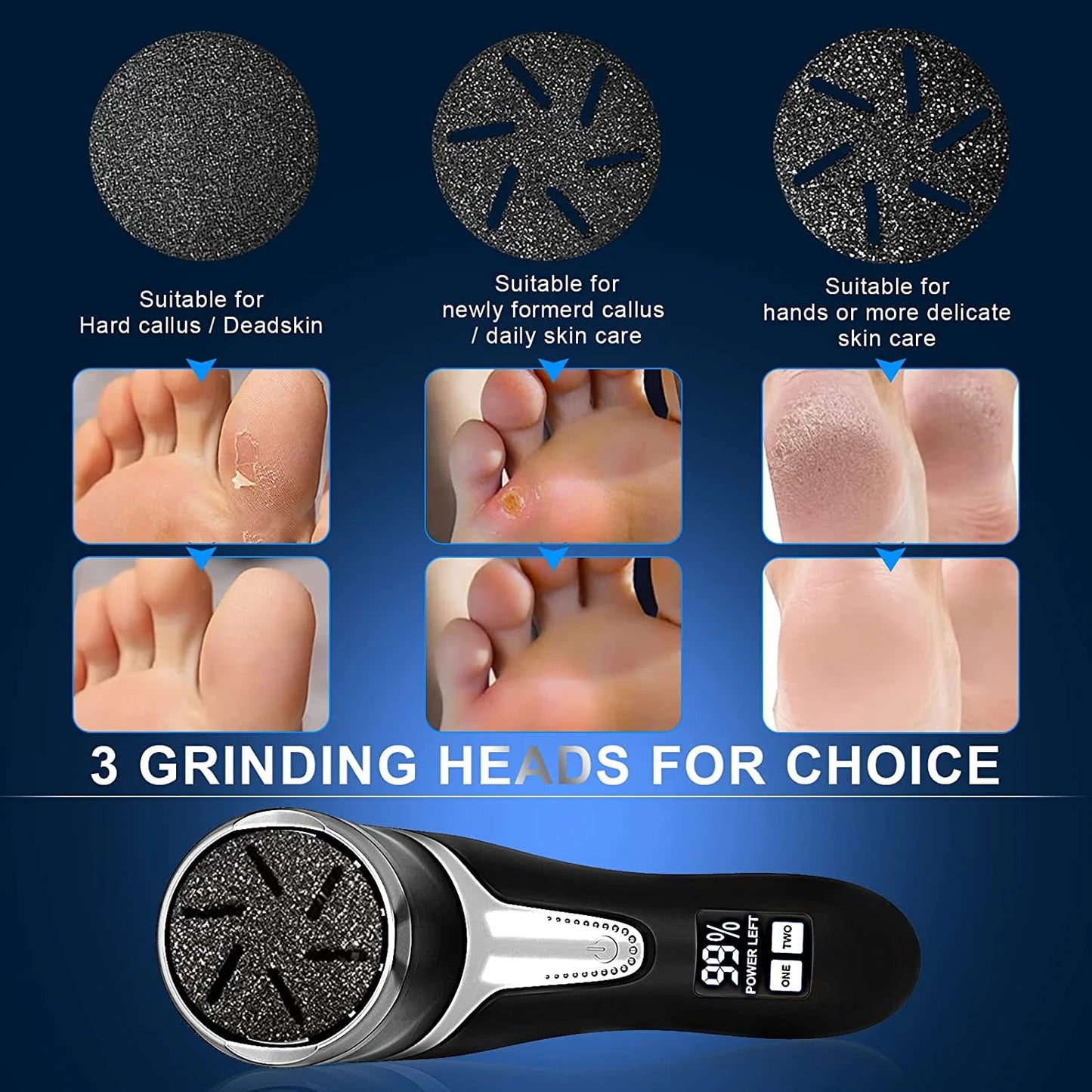 Electric Callus Remover for Feet, Portable Pedicure Kit Foot File Callus Remover, Rechargeable Waterproof Foot File for Foot Care Deadskin Remover with 3Head & LCD Display