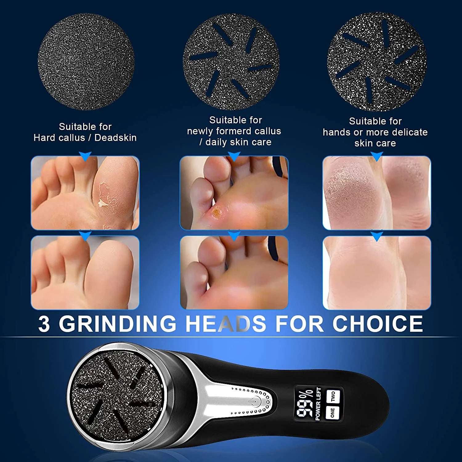 Electric Callus Remover for Feet, Portable Pedicure Kit Foot File Callus Remover, Rechargeable Waterproof Foot File for Foot Care Deadskin Remover with 3Head & LCD Display